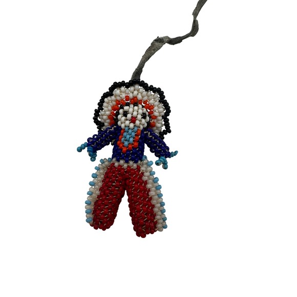 Jewelry - Vintage Beaded Doll Charm Keychain Folk Art Seed Bead Figure Red White Blue